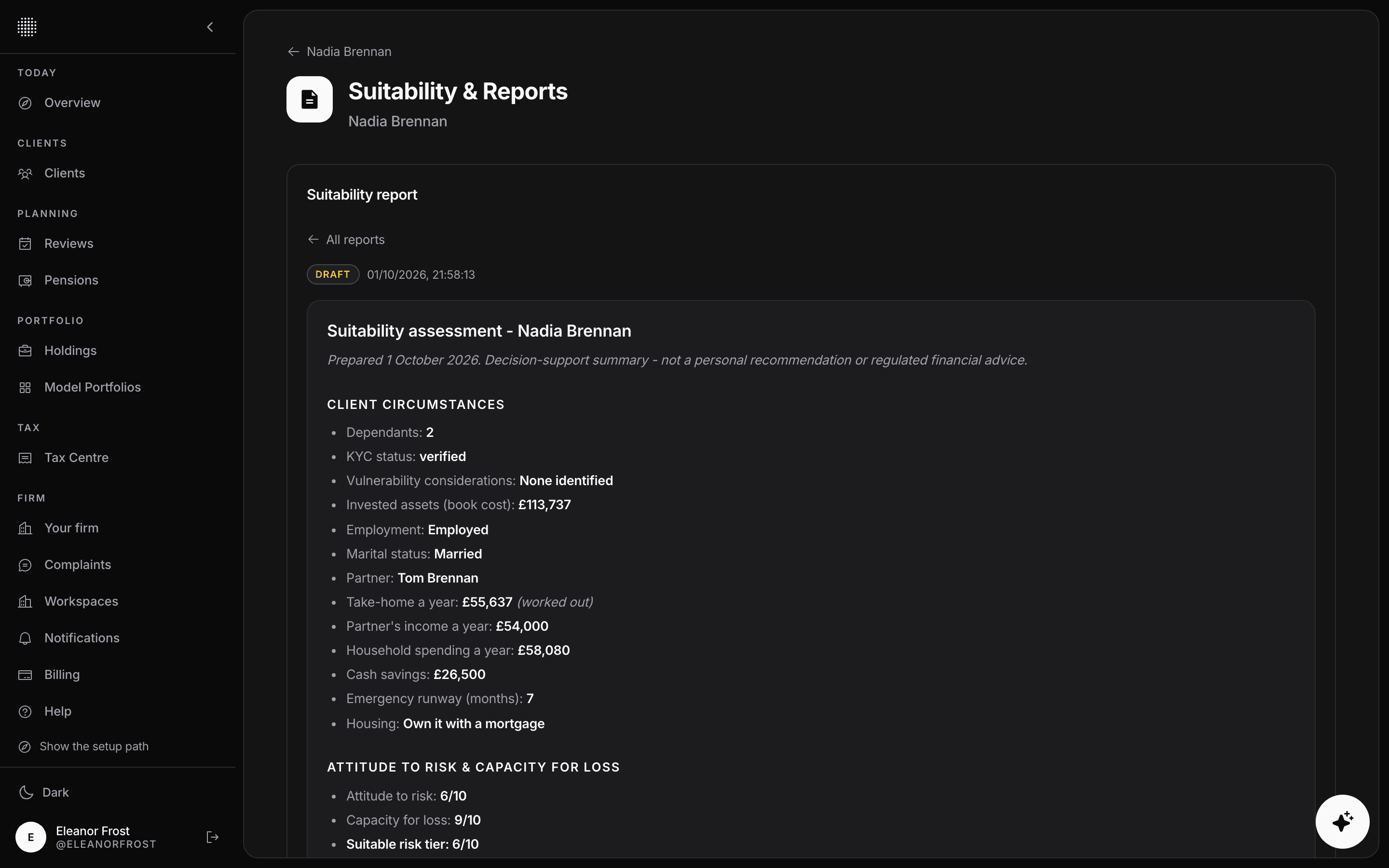 A draft suitability report in Pyon Wealth for an invented client